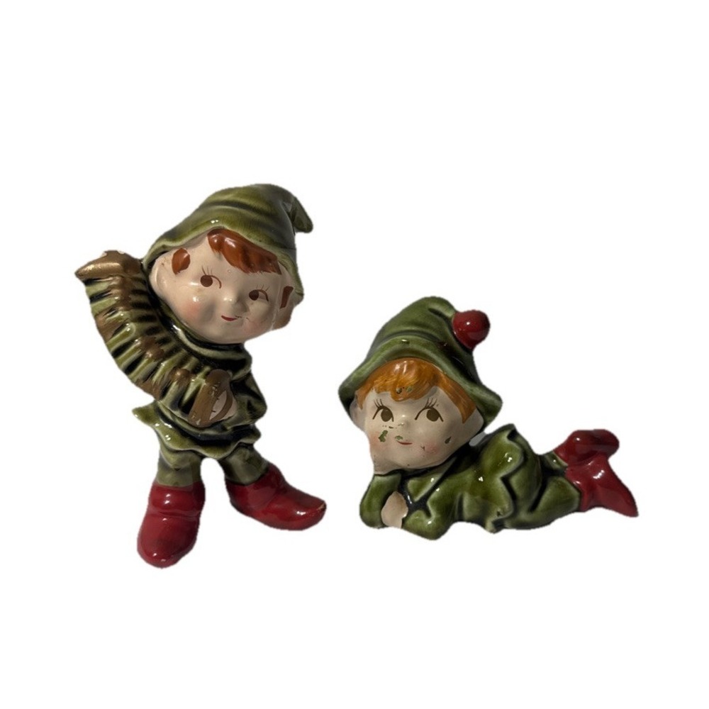 Vtg 2 Pc. Ceramic Pixie Santa Elf Music Christmas Handpainted Figurine Japan‎ 4"